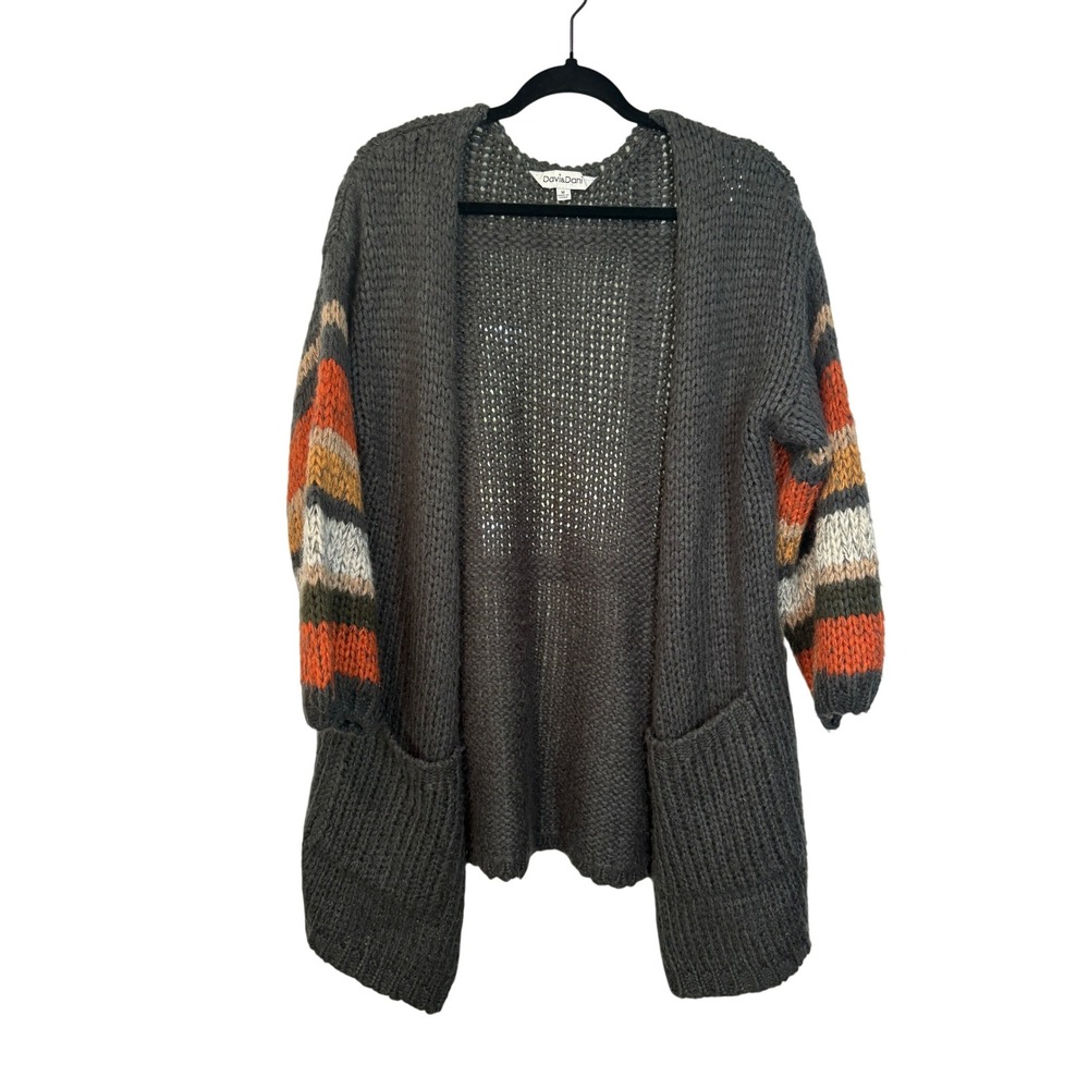 Davi & Dani Charcoal Gray Chunky Knit Cardigan Striped Sleeves Size M Boho